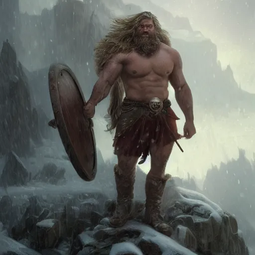 Prompt: cinematic view muscular viking after a battle on the snowy mountains blizzard digital painting, artstation, concept art, soft light, hdri, smooth, sharp focus, illustration, fantasy, intricate, elegant, highly detailed, D&D, matte painting, in the style of Greg Rutkowski and Alphonse Mucha and artemisia, 8k, highly detailed, jurgens, rutkowski, bouguereau, pastoral, rustic, georgic
