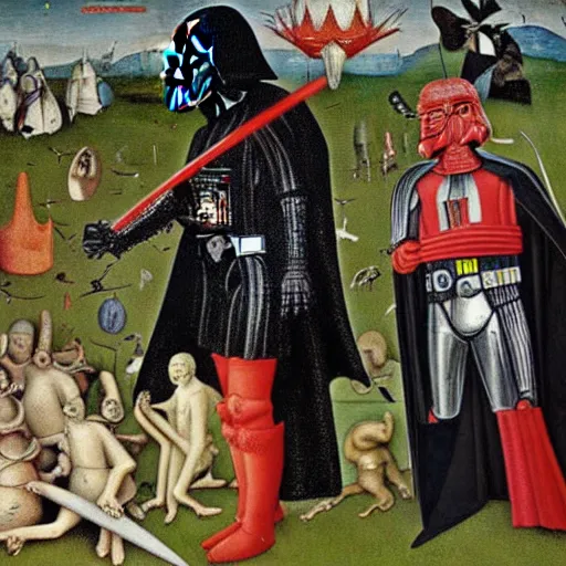 Image similar to highly detailed painting of darth vader in the garden of earthly delights by hieronymus bosch