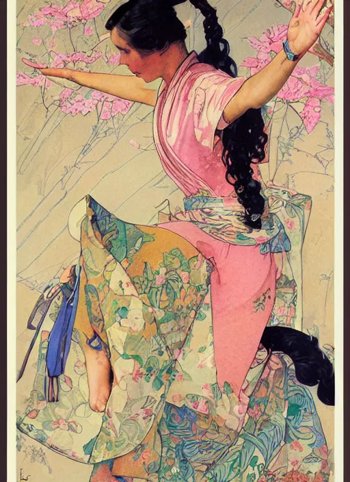 Image similar to an art nouveau copic maker illustration of a girl doing yoga wearing a kimono by norman rockwell and john berkey and stanley lau,