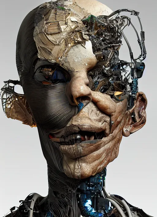 Image similar to Subsequent layers peeling back to reveal a ventriloquist dummy's cybernetic skin, digital art extreme detail, octane render, 8k, by Dave McKean and artgerm and Ilya Repin