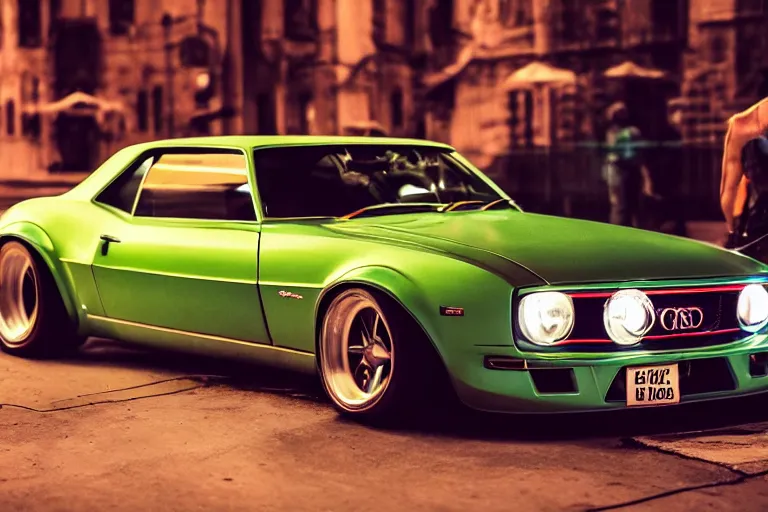 Image similar to widebody audi camaro b 1 ( 1 9 6 9 ), need for speed : carbon, at night, neon lines, lviv historic centre, phonk music background, smoke behind wheels, noise, dark, establishing shot, by simon stalenhag