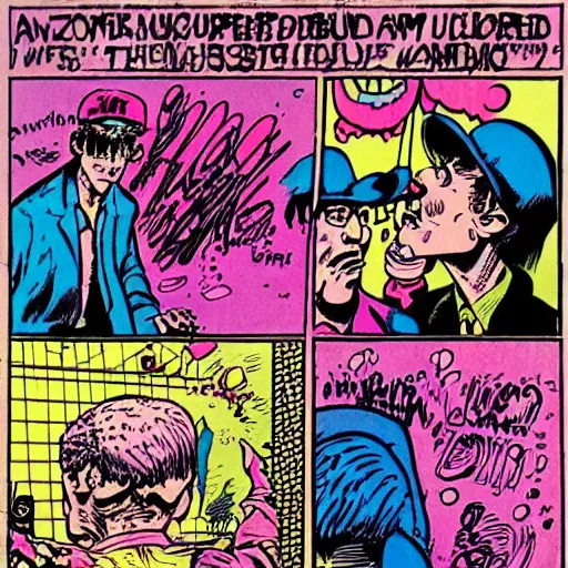 Image similar to risoprint of an underground comic book, azure and pink colors, comic art, robert crumb