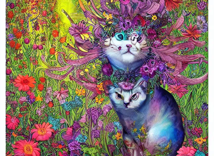 Prompt: a surreal painting of a beautiful divine cat creature with a lot of wild flowers and plants on its head, surrounded by colorfull christals, poster art by android jones and h. r. giger, behance contest winner, generative line art, made of flowers and berries, grotesque, concert poster