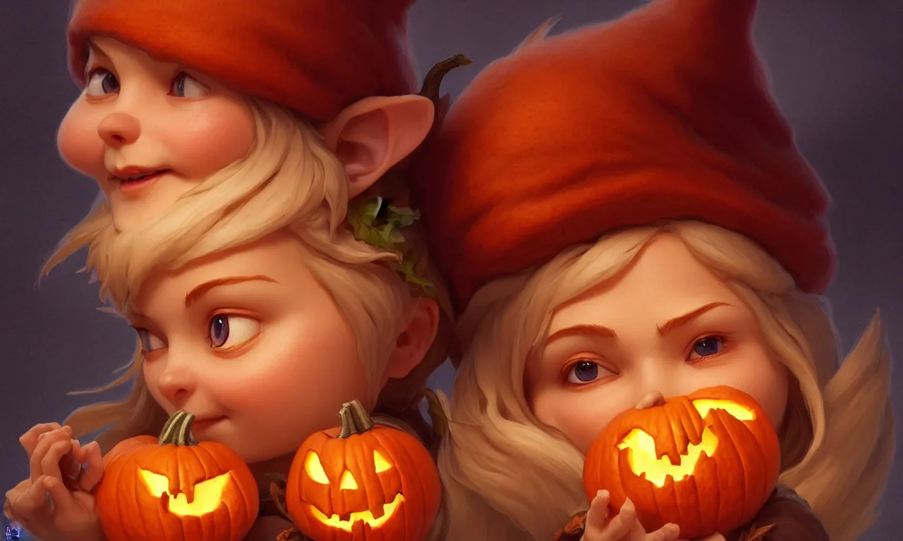 Image similar to hand drawn cute one gnomes face in autumn and pumpkin, detailed closeup face, concept art, low angle, high detail, warm lighting, volumetric, godrays, vivid, beautiful, trending on artstation, art by artgerm and greg rutkowski and alphonse mucha