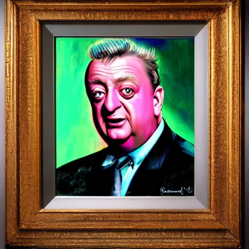 Image similar to a portrait of rodney dangerfield, hyper realistic, octane render, masterpiece portrait painting. deep colors, abstract brush strokes, inner glow.