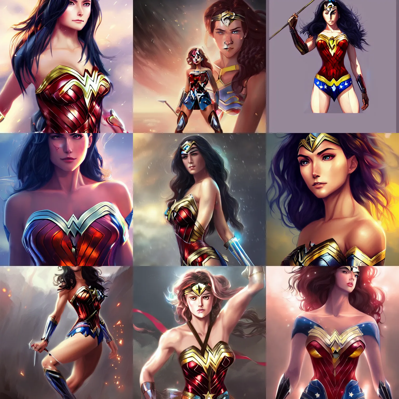 Image similar to A realistic anime wonder woman, digital painting, by WLOP and Rossdraws, digital painting, trending on ArtStation, deviantart