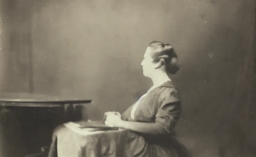 Prompt: a photo of young woman leaning on a table