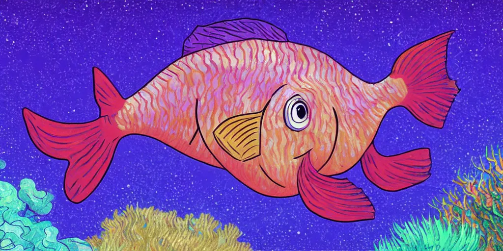 Image similar to A purple fish, swimming in a beautiful coral reef, Digital art, Concept art by Studio Ghibli and Pixar and Vincent Van Gogh