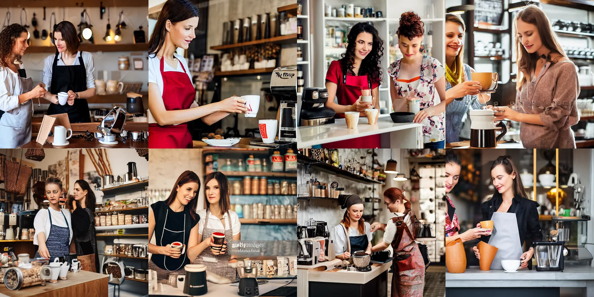 Prompt: professional photo two women creating a coffee in a shop, Ukraine. professional photo