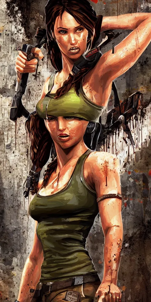 Prompt: portrait of lara croft in the style of 3 d! graffiti, gradients, extreme wide angle, arrows, drips, in the style of daim, totem, fleks, odeith