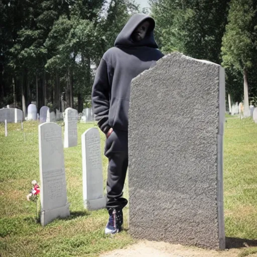 Image similar to rapper MF DOOM standing next to a hollowed out grave and coffin