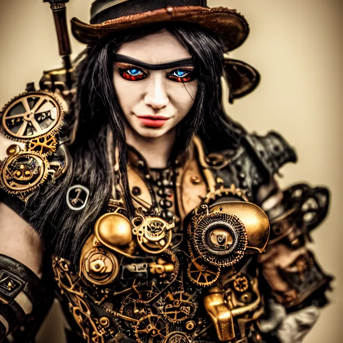 Prompt: photograph of a beautiful steampunk warrior. extremely detailed. dslr. 5 0 mm.