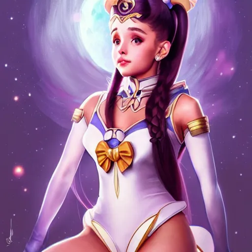 Prompt: ariana grande as sailor moon, fantasy, intricate, elegant, highly detailed, digital painting, artstation, concept art, matte, sharp focus, illustration, art by Artgerm and Greg Rutkowski and Alphonse Mucha