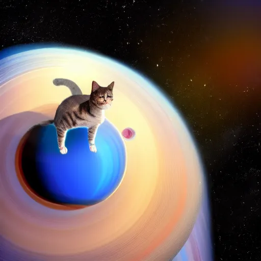 Image similar to A cat with beautiful blue eyes in a space suit jumping over the Saturn planet, digital illustration, concept art, 8k, trending on artstation, highly detailed