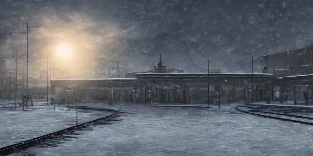 Image similar to hyper realistic render of soviet era 1 9 5 0's brutalism train station, located in the snow, puddles of water, by kait kybar, ivan shishkin, sunset, foggy, stunning skies, volumetric lighting, sharp focus, hyper detailed, digital art, cryengine