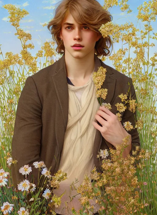 Image similar to pretty young man with shoulder length shiny shimmering golden blond hair, half body shot, decorative flowery background, path traced, highly detailed, high quality, digital painting, by studio ghibli and alphonse mucha, leesha hannigan, hidari, disney, jules bastien - lepage