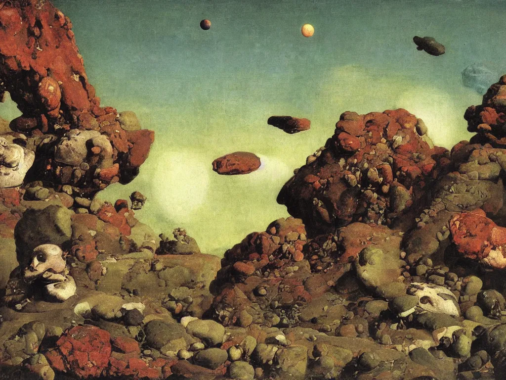 Image similar to Fauna on Jupiter a million years ago. Colorful rocks. Painting by Arnold Bocklin, Walton Ford, Henri Rousseau