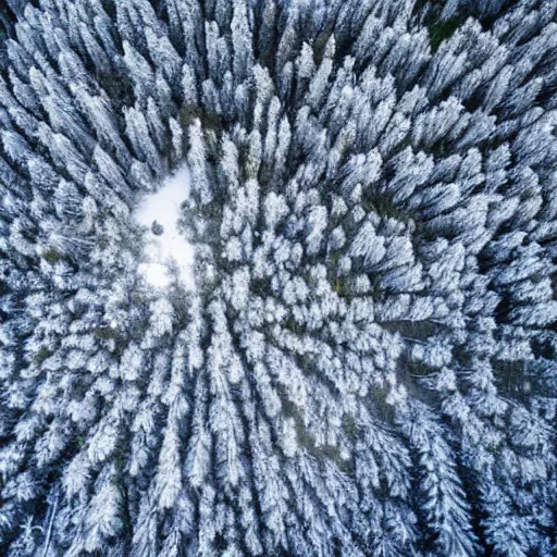 Prompt: sattelite image of post pocaliptic snow from 250 meters height, only snow, small frozen trees covered with ice and snow, old lumber mill remains, beautiful winter area