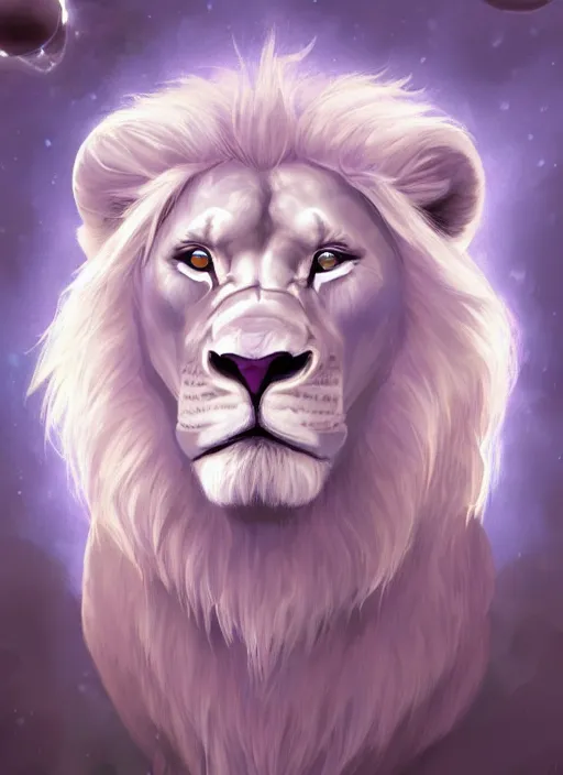 Image similar to aesthetic portrait commission of an albino male furry anthro lion with large muscles and lavender and mint colored glowing orbs of light surrounding and illuminating the lions face softly charlie bowater, detailed, inked, western comic book art, 2017 award winning painting, digital art, artstation