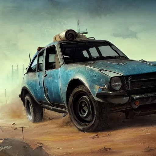 Prompt: a Dacia 1310 car in Mad Max, coriolios rpg art style, full of details, dark sci-fi, cold blue colors, matte painting, artstation, 8k, hyperrealistic, style of peter mohrbacher