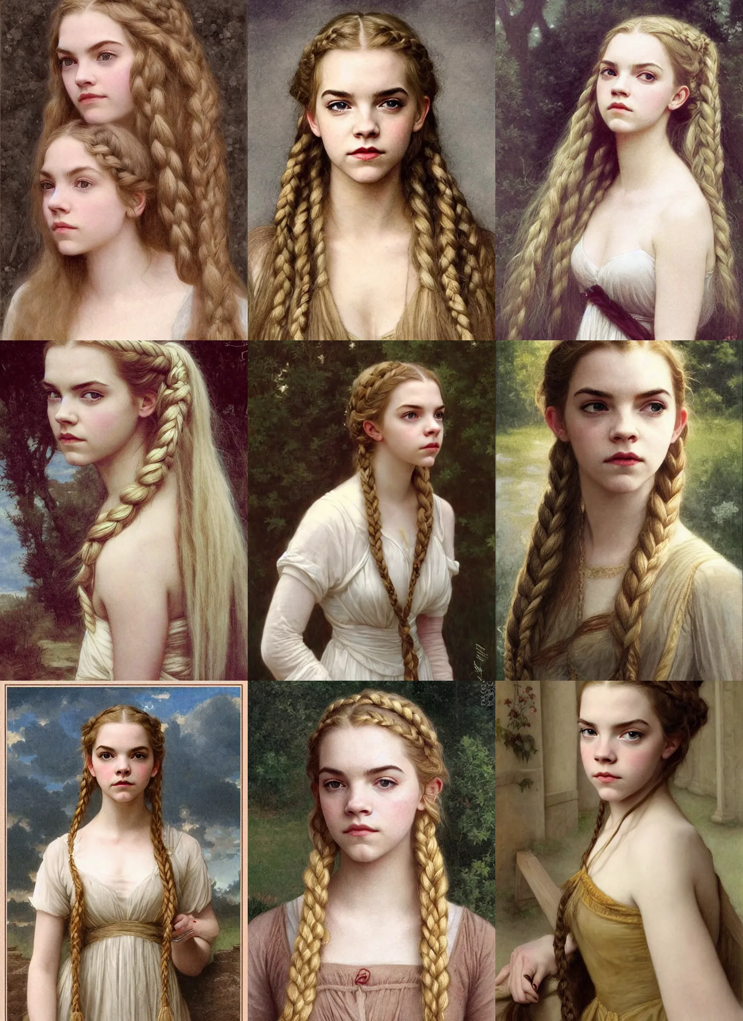 Prompt: anya taylor-joy, emma watson, pale, long blond braided hair, illustration, bouguereau