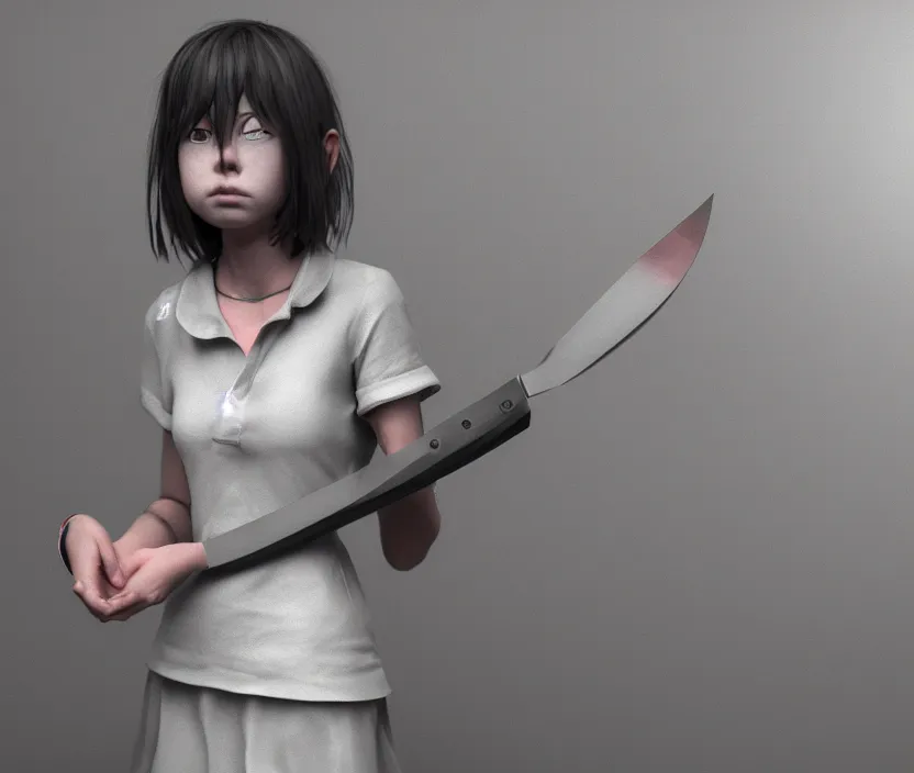 Image similar to school girl holding a knife, gloomy and foggy atmosphere, octane render, artstation trending, horror scene, highly detailded