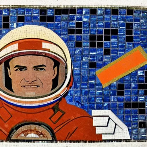 Image similar to soviet mosaic of an cosmonaut exploring deep space, on a giant wall of an apartment building, socialist, propaganda