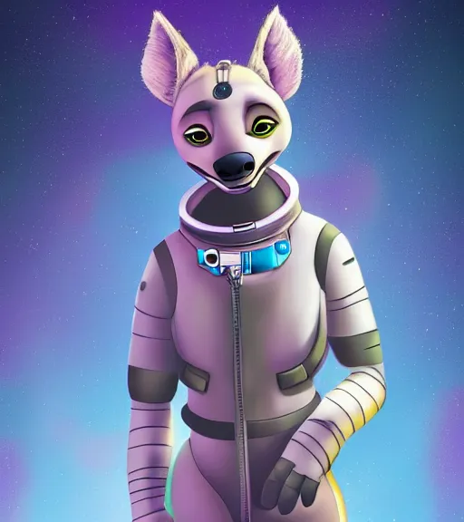 Image similar to digital detailed full body of anthromorphic female hyena, in style of zootopia, fursona, furry, furaffinity, 4 k, deviantart, wearing astronaut outfit, in style of zootopia, floating in space, space background, in deep space, dark background, hyena fursona, cyberpunk, female, detailed face,