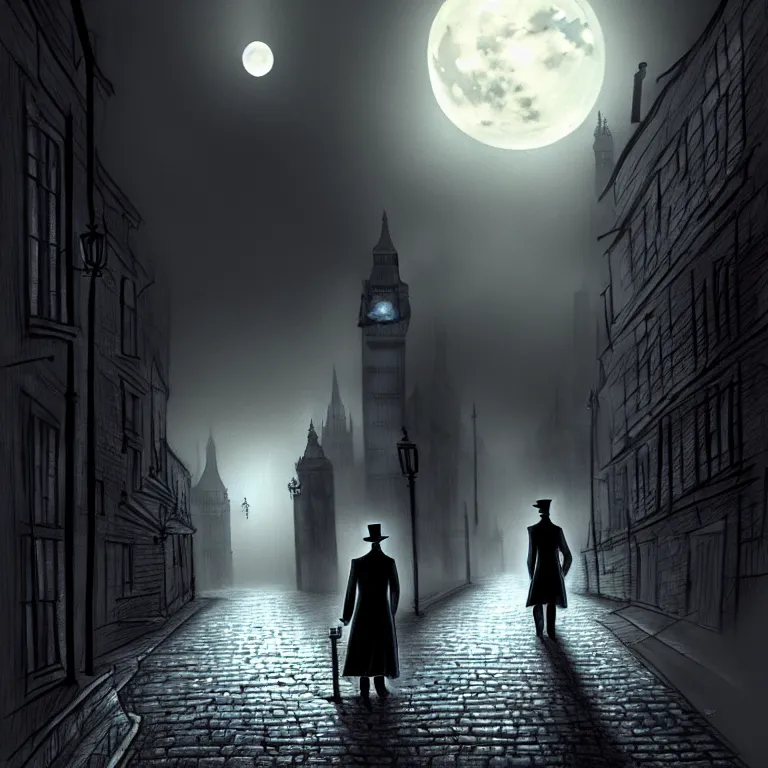 Image similar to jack the ripper lurking in a dark alleyway, holding a knife, one point perspective, full moon, foggy night, black alley cat, cobblestone road, stone arch, big ben, digital painting, hyperrealistic, macabre, spooky, trending on artstation