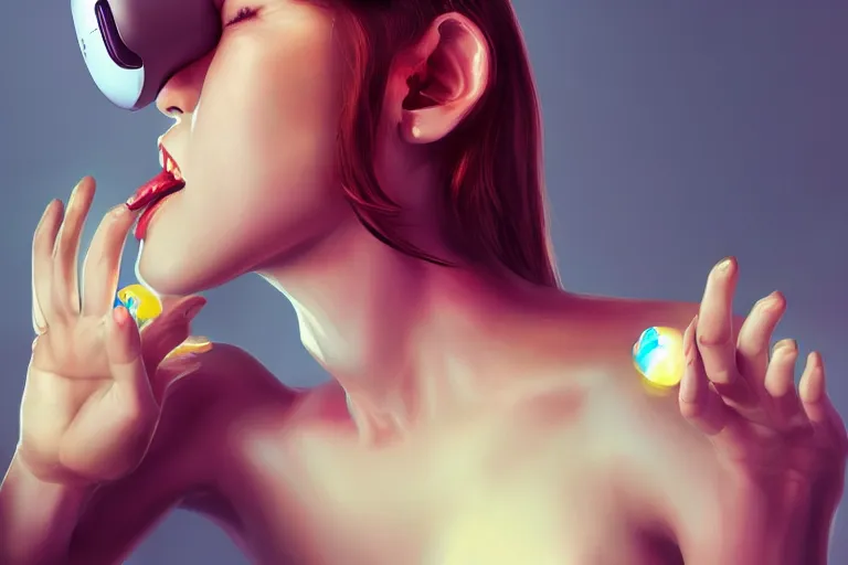 Image similar to a woman with a vr headset has a pill on her tongue and is hallucinating by artgerm, trending on artstation