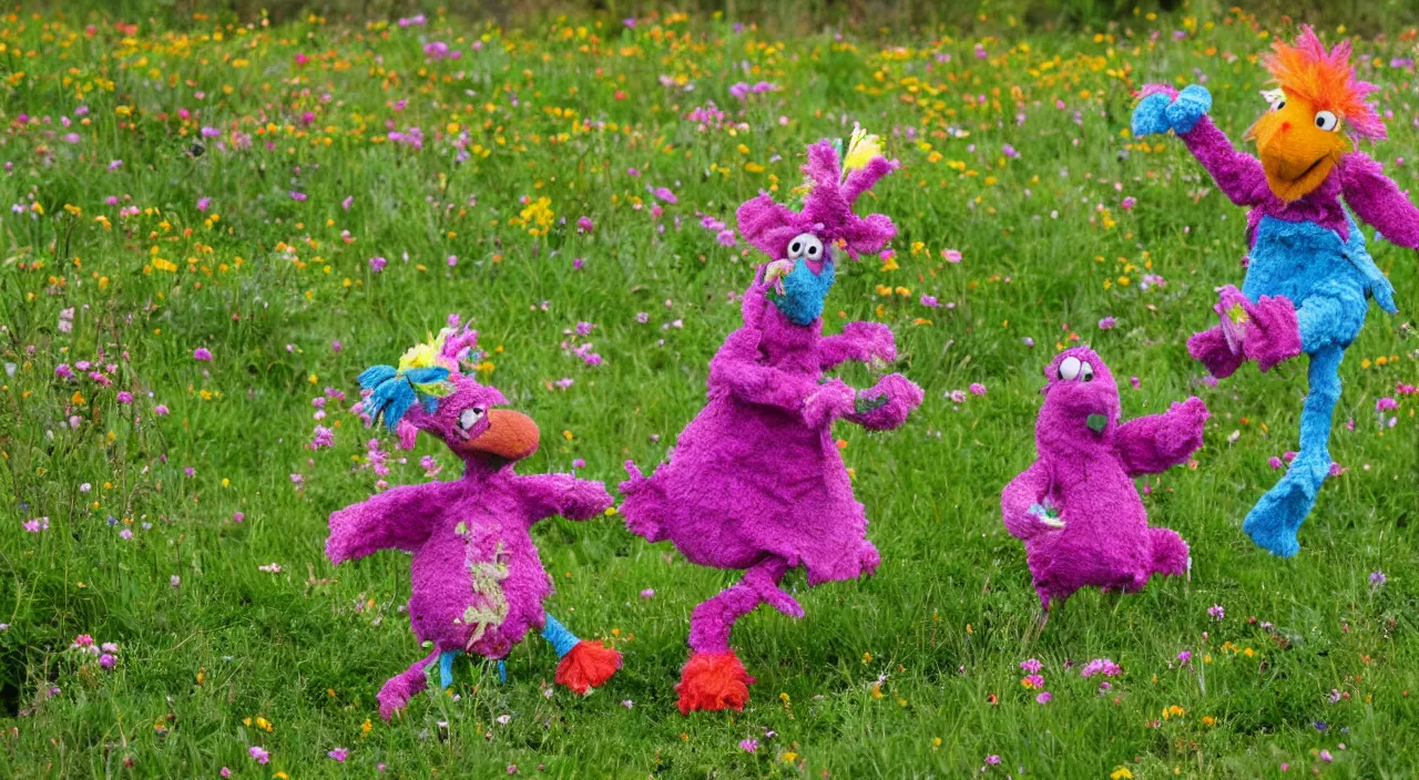 Prompt: wembley fraggle dancing on a flowery meadow