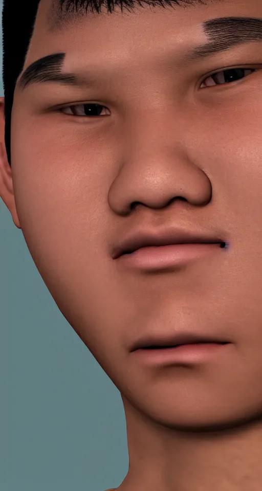 Prompt: close up of a teenage chubby filipino boy with crooked teeth, shaved sides of head, lots of curly hair on top, small studded earings, 4 k, photorealistic, high detail