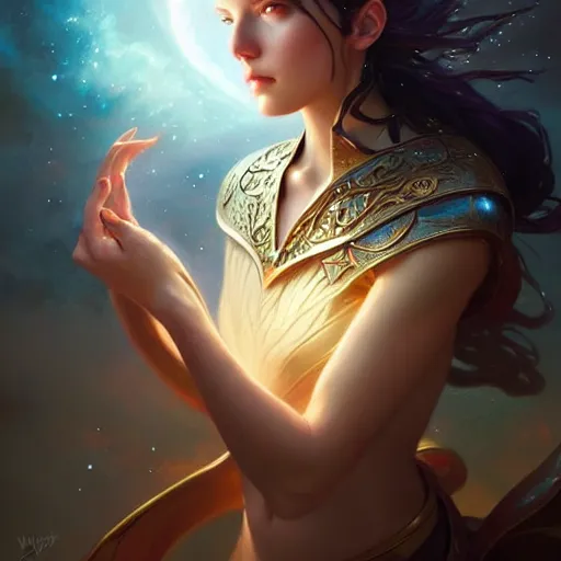 Image similar to star goddess, fine art, awesome fantasy book cover on pinterest, award winning, dark fantasy landscape, fantasy magic, intricate, elegant, sharp focus, cinematic lighting, highly detailed, digital painting, concept art, art by wlop and artgerm and greg rutkowski, masterpiece, trending on artstation, 8 k