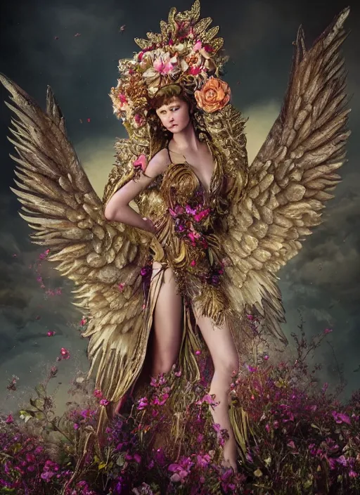 Image similar to expressive full body photo of a female model as beautiful angel, ornate headpiece made from flowers, ornaments, glamour shot, by karol bak, by stefan gesell, octane render, unreal engine, photorealistic, canon r 3, fashion photography, studio shot, environmental portrait, dark fantasy, dark beauty, magazine