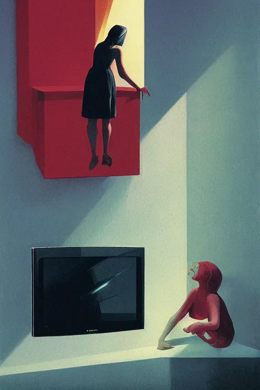 Image similar to woman put the television through her head Edward Hopper and James Gilleard, Zdzislaw Beksisnski, higly detailed