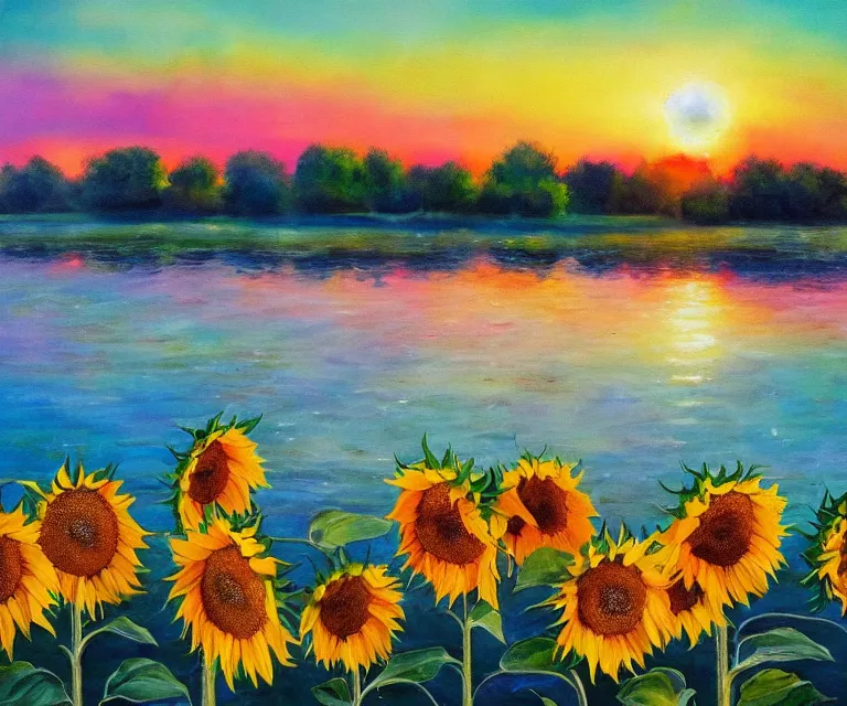 Image similar to sunflowers in the water, william henrits, hovik zohraybyan, water painting, bright colors, pink skies, sunrise, peaceful, serene, joy