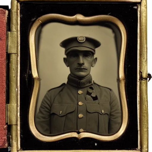 Prompt: facial portrait of luigi as a world war one soldier, 1 9 1 9, ambrotype, award winning