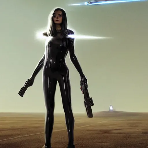 Image similar to pleiadian woman with big eyes and long silver hair wearing a dark body suit and holding a plasma gun standing in barren fields, cinematic, ultra detailed, art by greg rutkowski