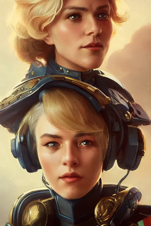 Prompt: beautiful front portrait of a female officer wearing a fancy naval uniform, science fiction, intricate detail, straight blonde hair, space background, trending on artstation, sharp focus, illustration, caustics, octane render, radiant light, 4 k, by artgerm, greg rutkowski, alphonse mucha