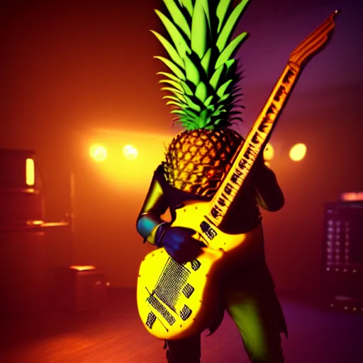 Prompt: a steampunk pineapple, playing electric guitar at a night club, focus on the pineapple, cinematic lighting, exaggerated detailed, unreal engine, octane render, trending on artstation, art by greg rutkowski, 4 k