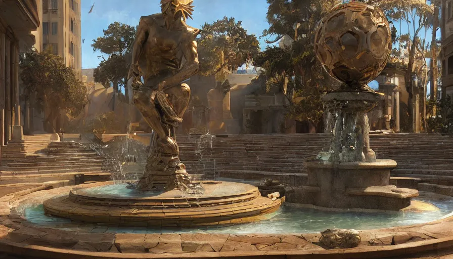 Prompt: craig mullins illustration of an art deco sculpture of the sun on top of a fountain, unreal engine, hyper realism, realistic shading, cinematic composition, realistic render, octane render, detailed textures, photorealistic, wide shot