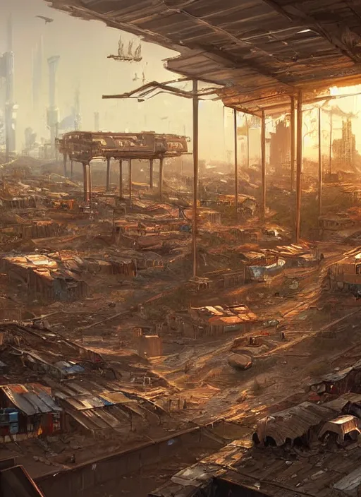 Image similar to A professional digital painting of a far-future city, rust, corrugated metal, shanty town, by Greg Rutkowski and James Gurney, trending on Artstation