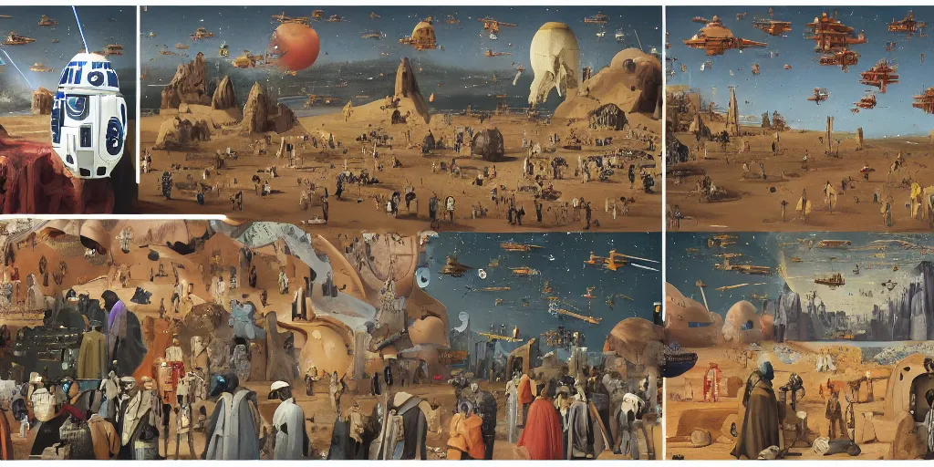 Image similar to a colorful scene from Star Wars, detailed illustration, character design, intricate, by Wes Anderson, hieronymus bosch and Moebius