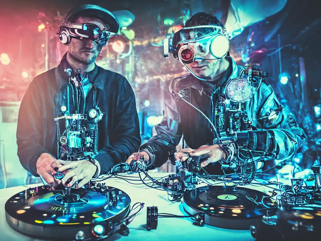 Image similar to a person wearing goggles and visor and headphones using a steampunk record player contraption, wires and tubes, turntablism dj scratching, intricate planetary gears, cinematic, imax, sharp focus, leds, bokeh, iridescent, black light, fog machine, hazy, lasers, hyper color digital art, cyberpunk