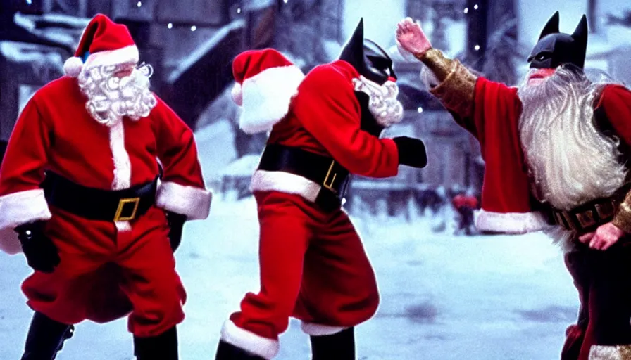 Prompt: santa claus fighting michael keaton batman. Film screencap, epic lighting, award winning