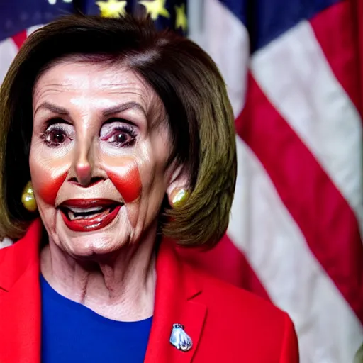 Image similar to Nancy Pelosi with colorful clown makeup all over her face