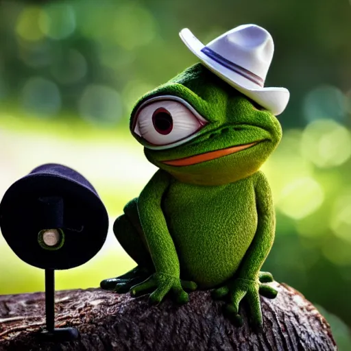 Image similar to baby pepe the frog, larg eyes, sitting on a log, wearing a bowler hat, pixar, disney, dynamic lighting, bokeh