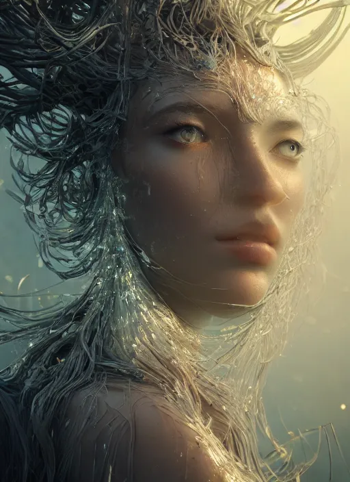 Image similar to stunning biomechanical impish incredible hair, masterpiece crystalline incrustations, hyperdetailed face, elegant pose, movie still, intricate, octane render, cinematic forest lighting, cgsociety, unreal engine, crepuscular rays, god rays