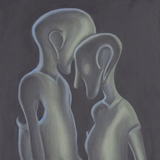 Prompt: two grey aliens kissing