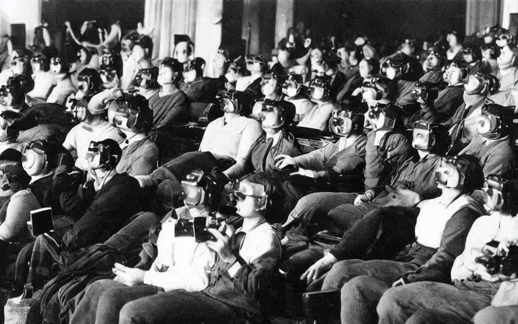 Image similar to 1 9 0 0 s photo of people using iphones ipods virtual reality headsets vr watching hd tv in a movie theater